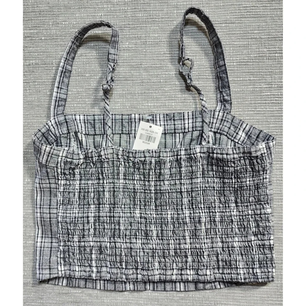 New Hollister Black White Plaid Button Front Smocked Back Crop Top Camisole M - Picture 4 of 8